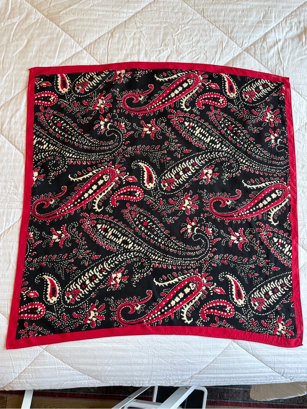 VTG 70s 80s Anne Klein Black, Red, White Paisley All Silk Scarf 30”x30”